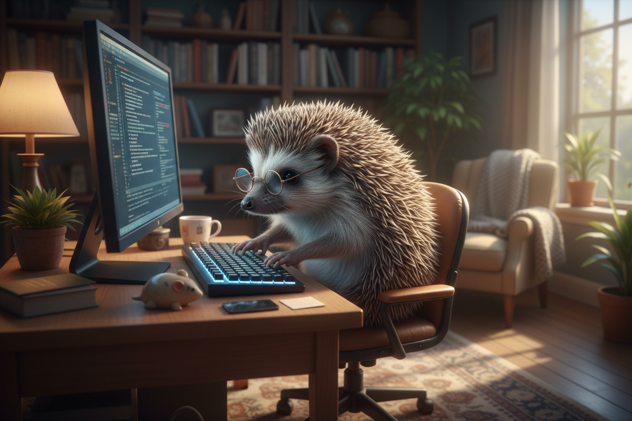 hedgehog using a computer with glasses on